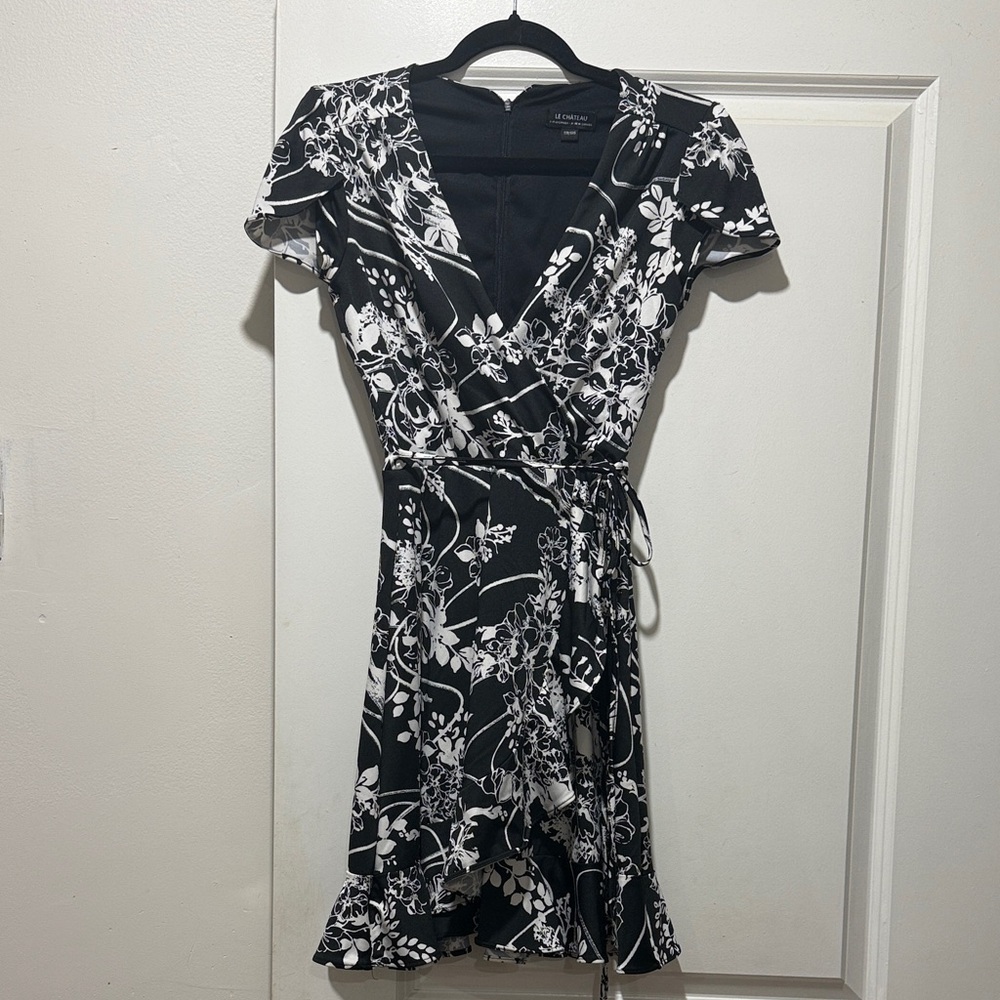 Le Chateau Monochrome Floral Wrap Mini Dress